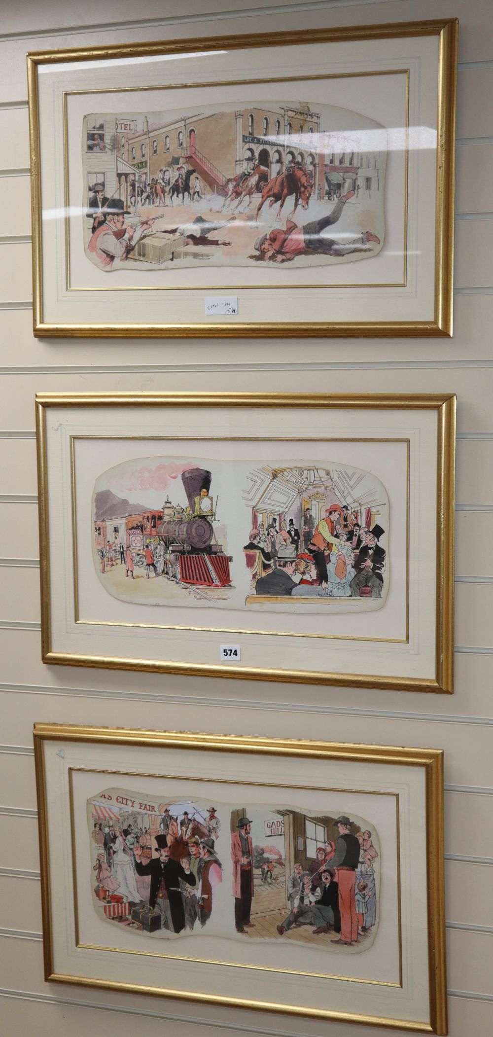 Kenneth Kirkland, three original illustrations for comics, Wild West scenes, 22 x 47cm
